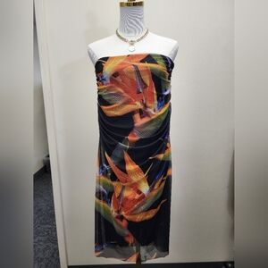 Zara Strapless Mesh Midi Dress Ruched Side Slit Multicolor Size Medium